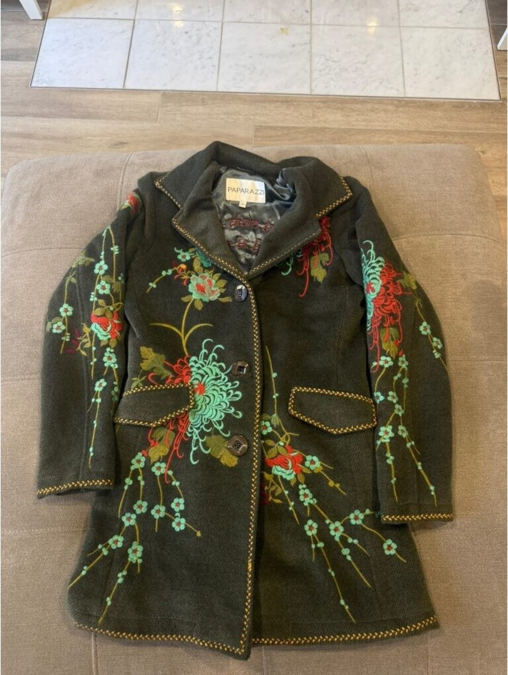 PAPARAZZI Olive Green Floral Embroidered Wool Coat Jacket S